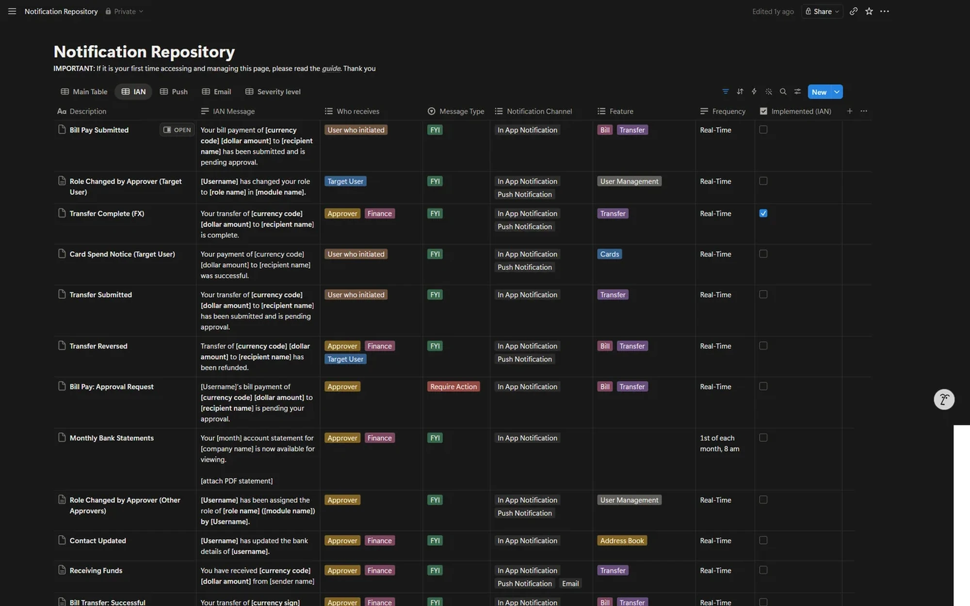 Notification repository — full table view in Notion